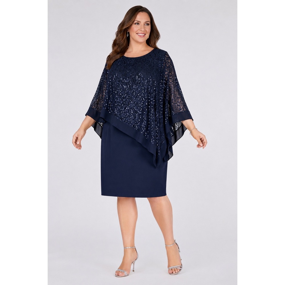 R&M Richards Cocktail Dress 22 Navy Blue Sequin Lace Overlay Mother of the Bride